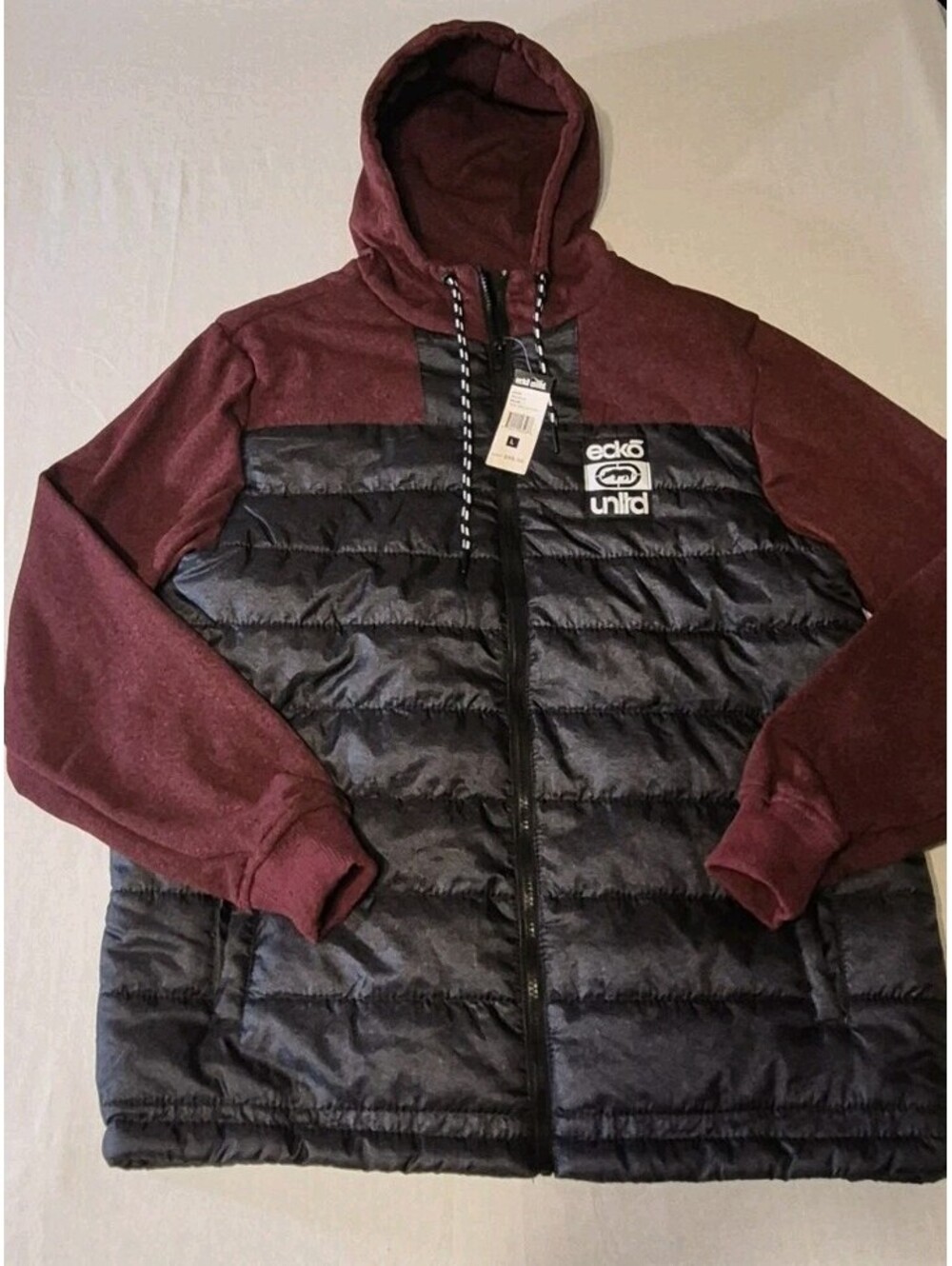 Ecko Unltd Men's True Red & Black Puffer Hoodie Jacket Zip Up Sz L Long Sleeve